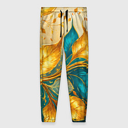 Женские брюки Листья абстрактные золото и бирюза