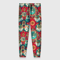 Женские брюки Мандала с кошачьим орнаментом