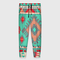 Женские брюки Оранжево бирюзовый геометрический узор в стиле ацт