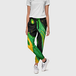 Брюки женские Зелено-желтая краска на черном, цвет: 3D-принт — фото 2