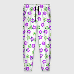 Брюки женские Зеленые фиолетовые цветы на белом фоне, цвет: 3D-принт