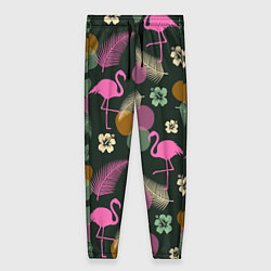 Брюки женские Фламинго и листья на темно-зеленом, цвет: 3D-принт