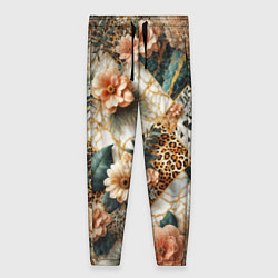 Брюки женские Цветы на кусках мрамора и леопардовом узоре, цвет: 3D-принт