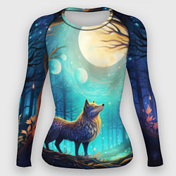 Рашгард женский Волк в ночном лесу в folk art стиле, цвет: 3D-принт