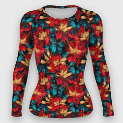 Рашгард женский Красные цветы с синими листьями узор, цвет: 3D-принт