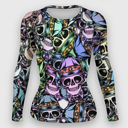 Рашгард женский Разноцветные черепа в кепке паттерн, цвет: 3D-принт