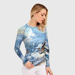 Рашгард женский Новогодняя зимняя деревня, цвет: 3D-принт — фото 2