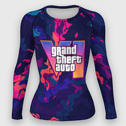 Рашгард женский GTA 6 logo яркий неоновый камуфляжный стиль, цвет: 3D-принт