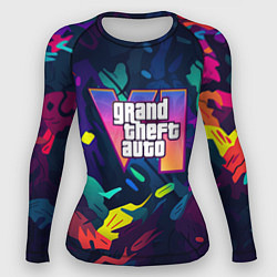 Рашгард женский GTA 6 logo яркий неоновый камуфляжный стиль, цвет: 3D-принт