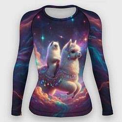 Женский рашгард Космос и кот едет верхом на альпаке