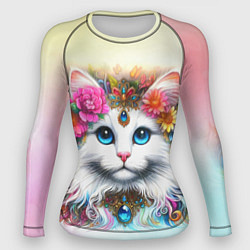 Женский рашгард Белый кот с голубыми глазами в цветах