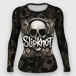 Женский рашгард Slipknot на фоне черепа в очках и наушниках