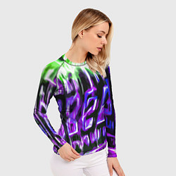 Рашгард женский Фиолетово-зелёная абстракция на чёрном фоне, цвет: 3D-принт — фото 2