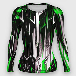 Рашгард женский Зелёно-белые вертикальные полосы на чёрном фоне, цвет: 3D-принт