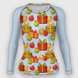 Женский рашгард Новогодний паттерн с подарками и ёлочными шариками