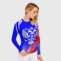 Рашгард женский Герб России на фоне цветов флага синий, цвет: 3D-принт — фото 2