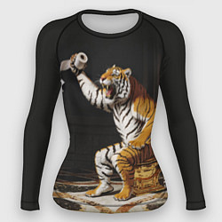 Женский рашгард Тигр сидит на золотом унитазе сердится