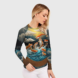 Рашгард женский Большие золотистые рыбы выпрыгивают из воды, цвет: 3D-принт — фото 2