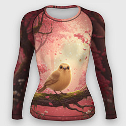 Рашгард женский Желтая птица в розовом цветущем лесу, цвет: 3D-принт