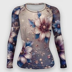 Рашгард женский Сине-бежевый дымчатый с цветами, цвет: 3D-принт