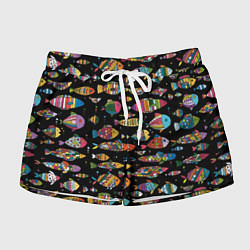 Женские шорты Разноцветные рыбы - черный фон