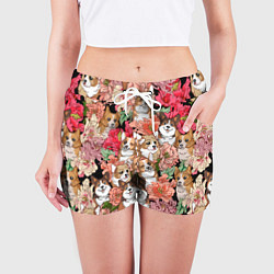 Шорты женские Корги & Цветы, цвет: 3D-принт — фото 2