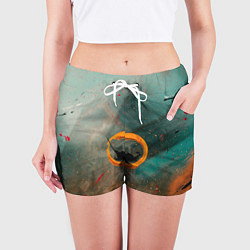 Шорты женские Светло-зелёный и оранжевый туман и краски, цвет: 3D-принт — фото 2