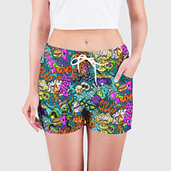Шорты женские Поп-арт взрыв с инопланетянином и черепом, цвет: 3D-принт — фото 2