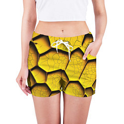Шорты женские Желтые шестиугольники с трещинами - объемная текст, цвет: 3D-принт — фото 2