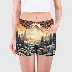 Шорты женские Зимний предновогодний пейзаж, цвет: 3D-принт — фото 2