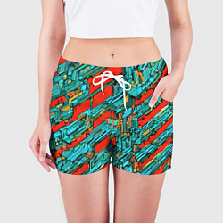 Шорты женские Голубые фрагменты на красном фоне, цвет: 3D-принт — фото 2