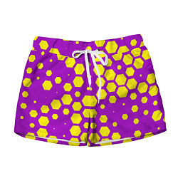 Шорты женские Желтые соты на фиолетовом фоне, цвет: 3D-принт