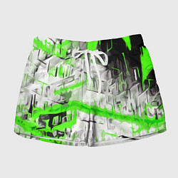 Женские шорты Бело-зелёная абстракция на чёрном фоне