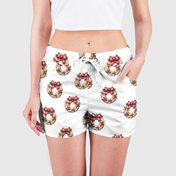 Шорты женские Много новогодних пончиков с бантиком и ягодами, цвет: 3D-принт — фото 2