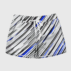 Шорты женские Диагональные чёрно-синие полосы на белом фоне, цвет: 3D-принт