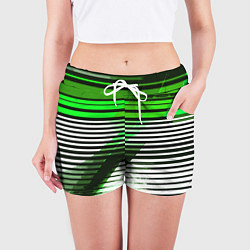 Шорты женские Зелёно-чёрные полосы на белом фоне, цвет: 3D-принт — фото 2