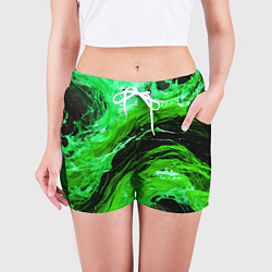 Шорты женские Зелёные брызги на чёрном фоне, цвет: 3D-принт — фото 2