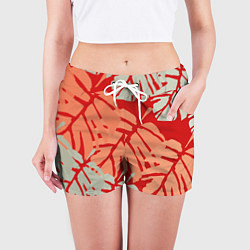 Шорты женские Отпечатки монстеры на красном, цвет: 3D-принт — фото 2
