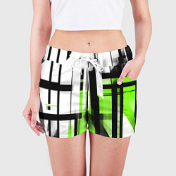 Шорты женские Чёрно-зелёные вертикальные и горизонтальные полосы, цвет: 3D-принт — фото 2