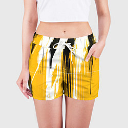 Шорты женские Вертикальные чёрно-белые линии на жёлтом фоне, цвет: 3D-принт — фото 2