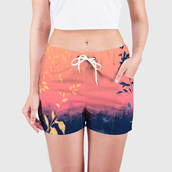 Шорты женские Листья на сине-розовом фоне - нейросеть, цвет: 3D-принт — фото 2