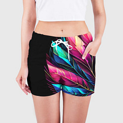 Шорты женские Букет из цветных перьев - неон, цвет: 3D-принт — фото 2