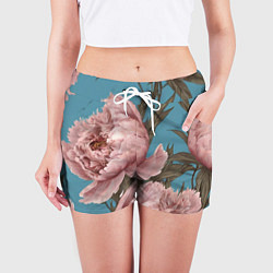 Шорты женские Розовые пионы на голубом, цвет: 3D-принт — фото 2