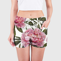 Шорты женские Розовые пионы на белом, цвет: 3D-принт — фото 2