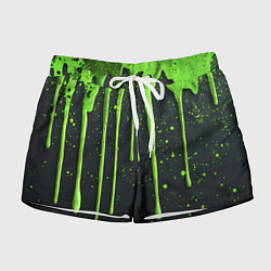 Шорты женские Зеленая краска стекающая на черном фоне, цвет: 3D-принт
