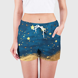 Шорты женские Золотые звезды на синем фоне текстура, цвет: 3D-принт — фото 2