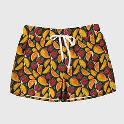 Шорты женские Ягоды и фрукты в паттерне: малина манго апельсин, цвет: 3D-принт