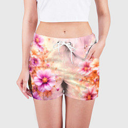 Шорты женские Нежный розовый цветочный с золотистым свечением, цвет: 3D-принт — фото 2
