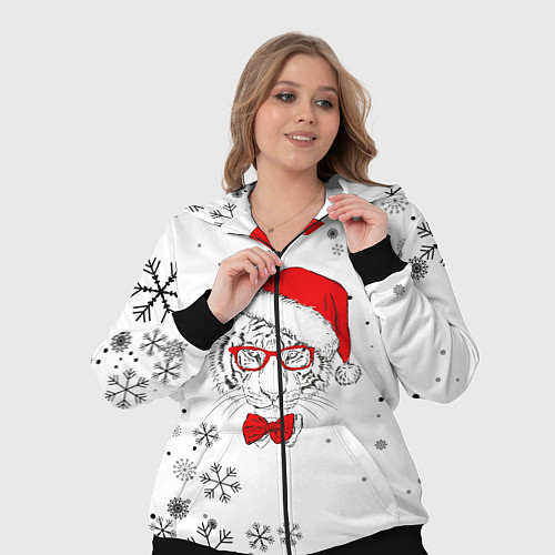 Женский костюм Новогодний тигр летящие снежинки / 3D-Черный – фото 3