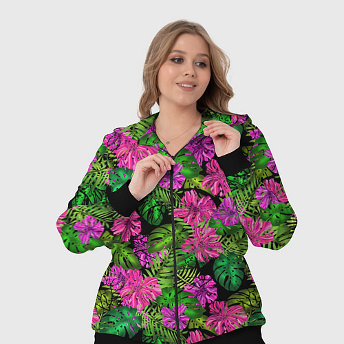 Женский костюм Тропические листья и цветы на черном фоне / 3D-Черный – фото 3